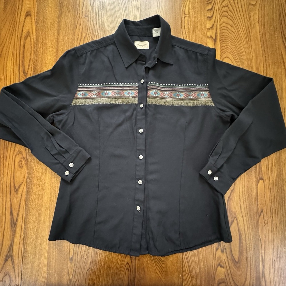 Vintage Wrangler Black Native‎ American Western L/S Metal Button Shirt Size M